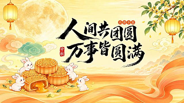 参考图中的中秋国潮插画风格，重新生成16:9横版画面。暖黄渐变背景，上方一轮大满月，悬挂黄色中式灯笼，右侧有桂花枝条，祥云点缀。画面中央是黑色毛笔书法大字“人间共团圆 万事皆圆满”，旁边有红色“中秋”印章和“八月十五”小字。下方摆放几块金黄月饼，有切开的流心月饼，几只可爱的白色玉兔围绕月饼玩耍。底部有橙黄色飘逸的绸带装饰。整体风格温馨喜庆，国潮插画风格，色彩明亮柔和，构图饱满舒展，适合横版展示。
