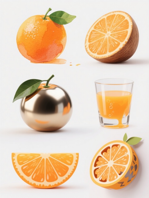 六款不同材质与造型的橙子系列素材集合，规整排布于白色背景上。包含：1. 整个水彩手绘橙子，带着湿润的橙色笔触和绿色叶子的晕染效果；2. 半切的写实木质橙子，纹理清晰，切面可见年轮般的果肉结构；3. 完整的金属质感橙子，表面有抛光的光泽和反光，叶子为哑光金属；4. 一杯流淌着的橙汁，采用透明玻璃材质，液体表面有高光和气泡；5. 卡通风格的橙子切片，色彩鲜艳明快，线条圆润，带有夸张的果肉颗粒；6.……预览效果