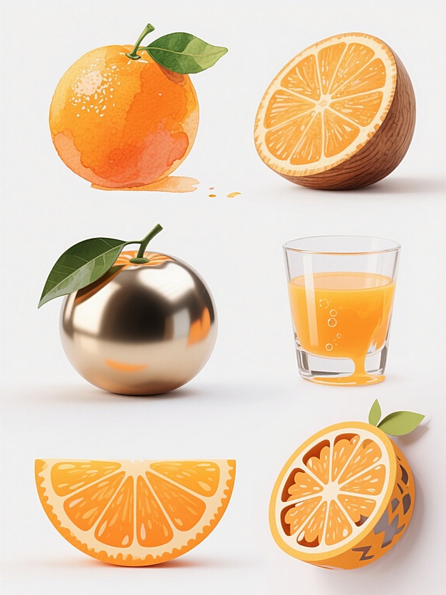 六款不同材质与造型的橙子系列素材集合，规整排布于白色背景上。包含：1. 整个水彩手绘橙子，带着湿润的橙色笔触和绿色叶子的晕染效果；2. 半切的写实木质橙子，纹理清晰，切面可见年轮般的果肉结构；3. 完整的金属质感橙子，表面有抛光的光泽和反光，叶子为哑光金属；4. 一杯流淌着的橙汁，采用透明玻璃材质，液体表面有高光和气泡；5. 卡通风格的橙子切片，色彩鲜艳明快，线条圆润，带有夸张的果肉颗粒；6. 立体剪纸工艺的橙子，边缘有明显的剪裁痕迹，层次感强，叶子为镂空设计。所有元素保持橙子的基本特征，同时展现各自材质的独特质感与风格。