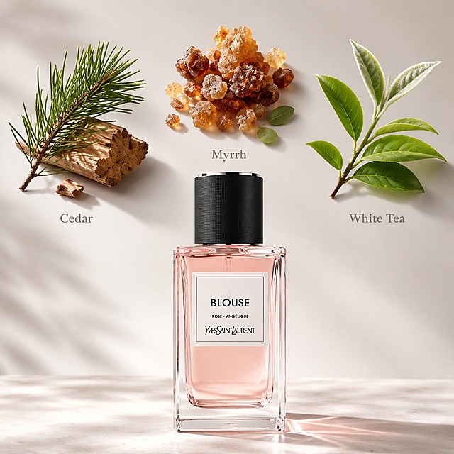 [Main Image 3] Core ingredient display image, keep perfume appearance 100% consistent with original image. [Atmosphere Style] Clean minimalist natural premium aesthetic. [Quality] Commercial product photography, soft light, clear texture. [Elements] Perfume bottle placed at the bottom center, three core ingredients arranged naturally above perfume: cedar branch, dry myrrh resin, white tea leaf, all real natural ingredients, lightly arranged around, each ingredient is clearly visible, not crowded, product bottle is still clear focus, keep label text readable. Background low saturation light gray gradient. [Lighting] Soft studio diffuse light, uniform light, highlights natural texture of ingredients and transparent glass of perfume. [Color Matching] Main color low saturation light gray, auxiliary color natural green / brown of ingredients, product light pink liquid. [Perspective Composition] Centered composition, layered foreground and background. [Text Layout] One line of text under each ingredient, simple English text for name: "Cedar", "Myrrh", "White Tea", small size, light gray font, simple and clean. [Proportion Resolution] 1:1 2048x2048 2k resolution. [Negative Prompt] Deformed product, messy arrangement, text overlap, harsh shadow, extra decorations, Chinese characters.