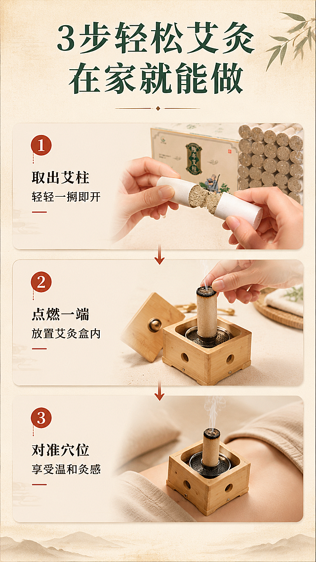 [商品] 使用【图2】艾柱产品；保留艾柱圆柱形态、艾绒纹理、外层白纸；商品处理：产品清晰化，去除环境杂色。
[画面] 目标：第4张使用步骤演示页，展示家用艾灸3步操作。构图：上中下三步流程结构，配箭头引导。主体位置：三步分布在画面上中下区域，每步配艾柱+手部动作示意。摆放角度：多角度展示取柱、点燃、放置使用过程。景别：中景+近景组合。阅读动线：从上到下按步骤阅读。前中后景：每步独立小场景，米黄渐变背景，配步骤编号圆圈。场景：居家桌面操作场景。
[视觉] 套系策略：风格=中式国风养生商业摄影；标题字=宋体加粗带衬线；正文字=简洁黑体；主色=米黄+墨绿；背景延展=基于米黄色做深浅层级、同色渐变和宣纸纹理质感；强调色=赭石红，仅用于小面积图标、引线和标签；标题色=深墨绿；正文色=深棕灰；组件=圆形编号标、箭头引导线、圆角信息卡；光影=暖柔光，自然明亮。
[文字] 顶部主标题"3步轻松艾灸 在家就能做"；三步分别配文：第1步"取出艾柱 轻轻一掰即开"、第2步"点燃一端 放置艾灸盒内"、第3步"对准穴位 享受温和灸感"；每步配编号圆圈1/2/3，文字全部横排，清晰易读。
[规格] 图片比例9:16竖版，分辨率4K，quality=medium；负向提示：避免变形、错字、文字过小、冷蓝背景、明火夸张表现、二维码、水印、医疗功效承诺、绝对化用语。