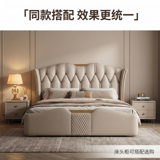 基于提供的米白色软体皮床，生成轻奢法式+现代经典风格拼多多主图，1:1比例。搭配效果展示，床旁搭配同款床头柜，摆放金色台灯、香薰摆件，整体呈现完整卧室搭配效果。背景为浅奶咖色护墙板，暖调光影，顶部标题预览效果