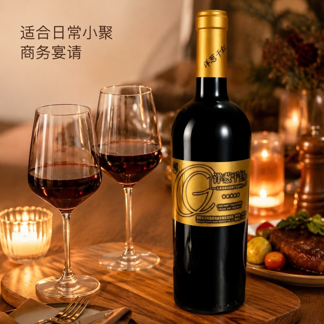 [主图-4] 五星赤霞珠窖藏洋葱干红葡萄酒饮用场景图
[氛围风格] 生活方式代入，休闲品质氛围，真实自然；
[画质] 商业摄影质感、光线柔和通透、产品清晰真实、画面干净高级。
[元素] 保持这款五星赤预览效果