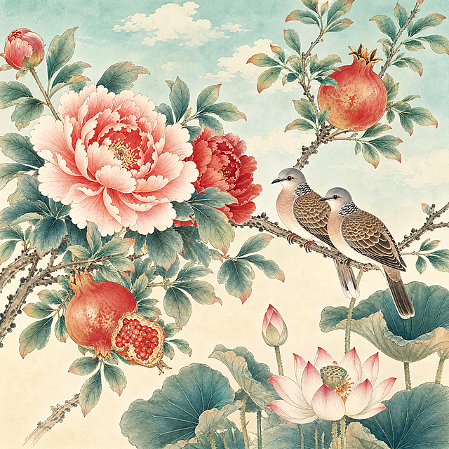 6月花鸟图，按照参考图的工笔国画风格，使用各类花卉飞鸟素材创作，画面美观雅致，不包含任何文字，正方形尺寸，保持与参考图一致的工笔画风，可根据六月季节特点搭配当季花卉