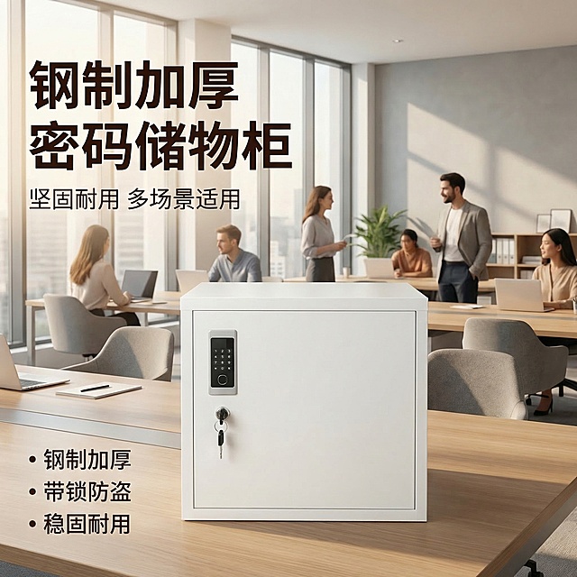 [垫图] https://gdesign-dam-hz.dancf.com/35894057343244344/60e9869347c1473e8a6075ff079c99fc.jpg
[主图主题] 密码储物柜办公场景首图
[氛围/风格] 现代简约办公场景，明亮干净，专业质感
[画面元素] 白色钢制密码储物柜放置在办公桌桌面中央，储物柜外观与原图完全一致，背景是开阔现代办公室，有办公人员自然交流工作，落地窗透进柔和自然光，光影质感细腻，背景铺满全屏无边框
[配色色系] 主色调：高级白（储物柜），辅助色：木色桌面、浅灰墙面、暖调自然光
[视角构图] 正面平视，主体储物柜占画面约60%，景深适中背景虚化
[文字版式] 主标题 “ 钢制加厚 密码储物柜 ”，副标题 “ 坚固耐用 多场景适用 ”，左下角三列卖点 “ 钢制加厚 | 带锁防盗 | 稳固耐用 ”，字体为粗黑体深灰色，采用顶部标题悬浮风布局，主标题居左上方悬浮，副标题紧随其后，卖点左下角排列，所有文字悬浮不遮挡主体