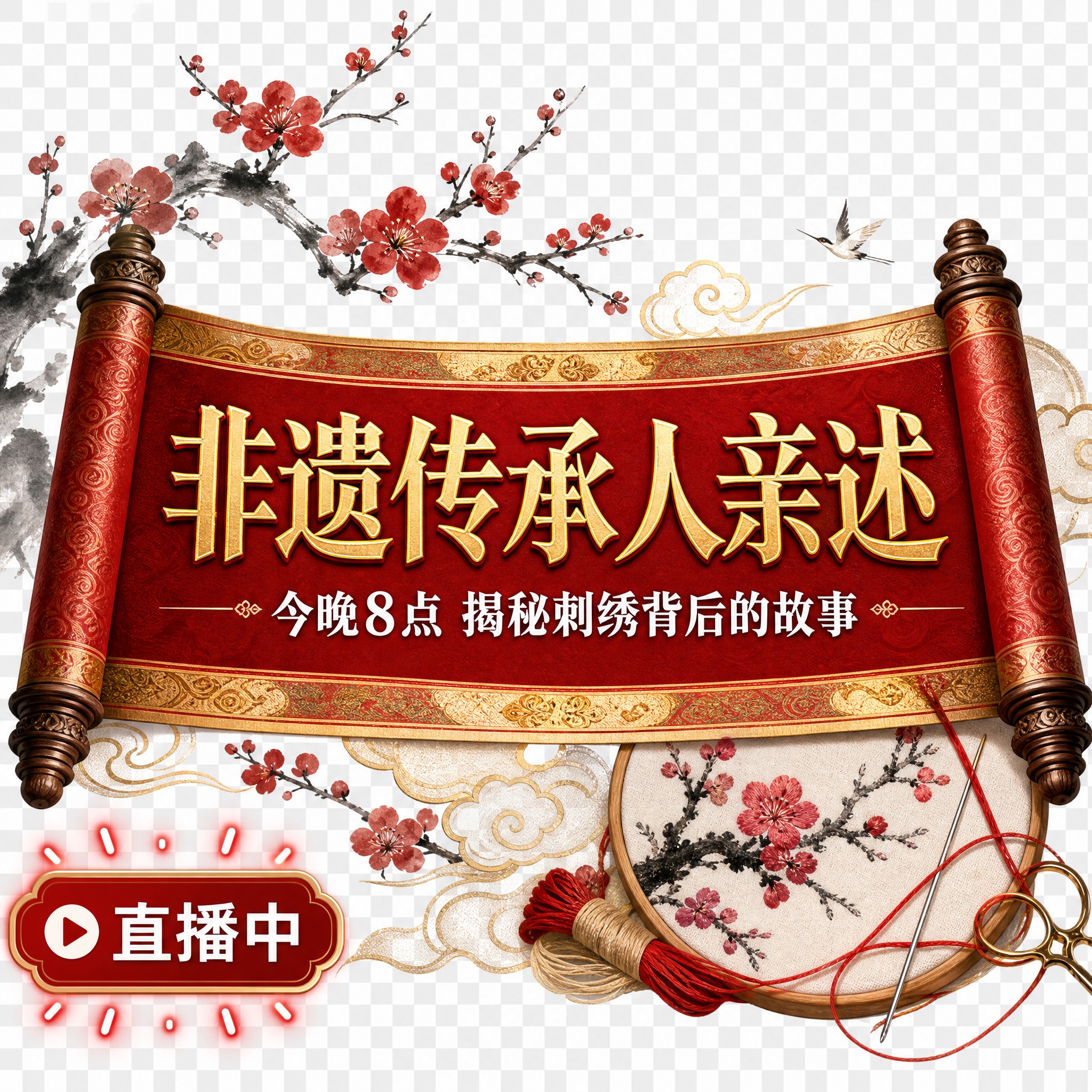 国潮新中式风格直播口播提示贴片，方形构图，透明背景PNG质感。… - 图片创意预览