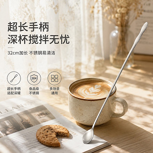 「图片1」，生成一套主图（1张），商品名称是长柄搅拌勺，卖点是
这款长柄搅拌勺的核心卖点在于其32厘米的超长手柄设计，专为解决深杯、高罐等容器内搅拌不便的问题而生。它采用不锈钢材质，坚固耐用且易于清洁，勺头呈葫芦形或圆勺状，既适合搅拌咖啡、奶茶、冰沙等饮品，也适用于甜品、蜂蜜、调料等日常调味场景，适配淘宝/天猫平台，主图比例为1:1清晨的阳光透过白色蕾丝窗帘洒在桌面上，画面中心是一个精致的意式浓缩陶瓷杯，杯中盛着拉花完美的拿铁。一把20cm的不锈钢小搅拌勺优雅地斜靠在杯沿，在杯子里面，勺柄长度刚好露出杯口一截，显得小巧玲珑。旁边放着一本翻开的英文杂志和一块曲奇饼干。光线柔和温暖，营造出慵懒惬意的早餐氛围。特写镜头，景深虚化背景，突出勺子的精致感和金属光泽，色调清新明亮，生活美学风格。