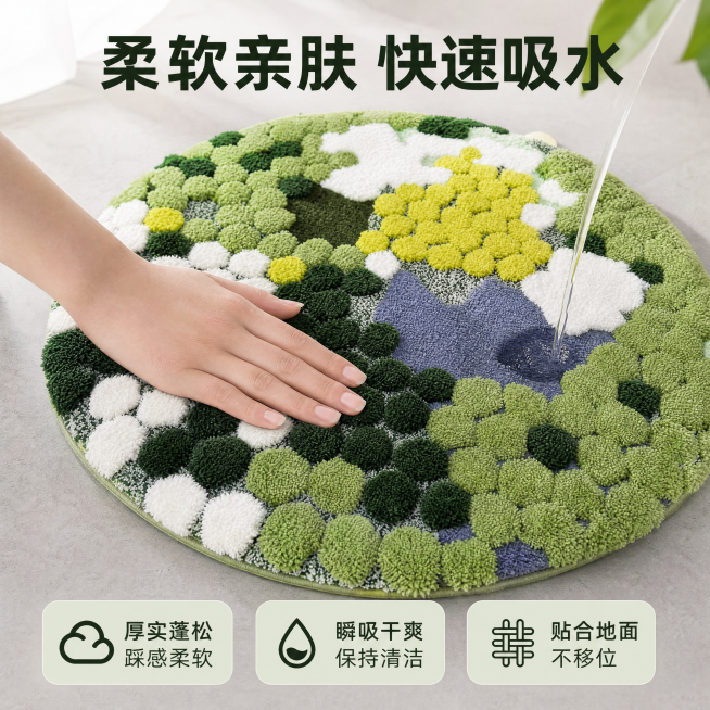 [主图-2] 纱线针织植绒地毯亲肤吸水体验展示图。[氛围风格] 家居治愈风，温馨真实体验感；[画质] 商业摄影质感、光线柔和通透、产品清晰真实、画面干净高级，超高清。[元素] 特写展示手背轻触地毯表面预览效果