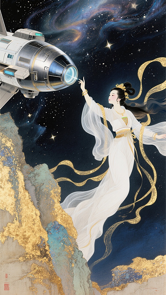 嫦娥仙子腾空抬手触碰神州飞船，背景是星空
