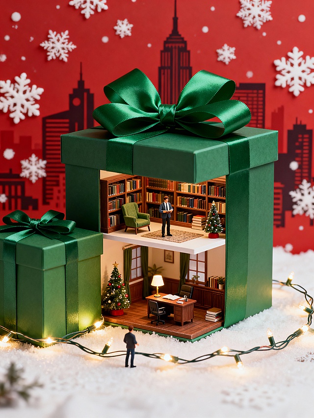 微缩艺术风圣诞礼盒，融合剪纸与拼贴元素，3D立体书屋场景，暖光灯串环绕，营造喜庆温馨梦幻氛围。