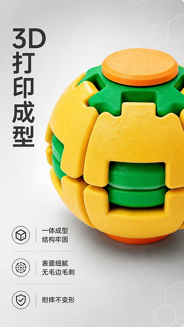 [第3屏] 核心卖点页-3D打印工艺细节展示。本屏使用【图2】作为主体，结合【图3】细节参考。
[氛围/风格] 现代简约品质风，浅灰渐变背景，突出产品工艺与材质细节，专业干净。
[元素布局] 产品放大居中放置，占比约70%，左侧预留信息展示区，重点放大展示拼接缝隙与表面磨砂质感，保留产品原有颜色和拼接结构，和输入图保持一致。背景搭配细微几何纹理增加质感。
[光影质感] 中心布光，边缘渐变过渡，清晰勾勒产品轮廓，突出磨砂材质的细腻颗粒感。
[配色色系] 全局底色 #F5F5F5；主色浅灰；辅助色深灰文字、产品原有配色。
[视角构图] 正面平视+微距特写构图，产品细节占据视觉重心，视觉冲击力强。
[文字版式] 左侧竖向主标题「3D打印成型」，右侧产品下方罗列卖点：「一体成型 结构牢固」「表面细腻 无毛边毛刺」「耐摔不变形」， bullet 点排版清晰易读。
[比例分辨率] 9:16 竖版比例，4K分辨率，文字清晰可辨，高清画质。
[负向提示词] 产品变形，结构错误，颜色偏差，毛刺瑕疵，文字错乱，模糊，水印