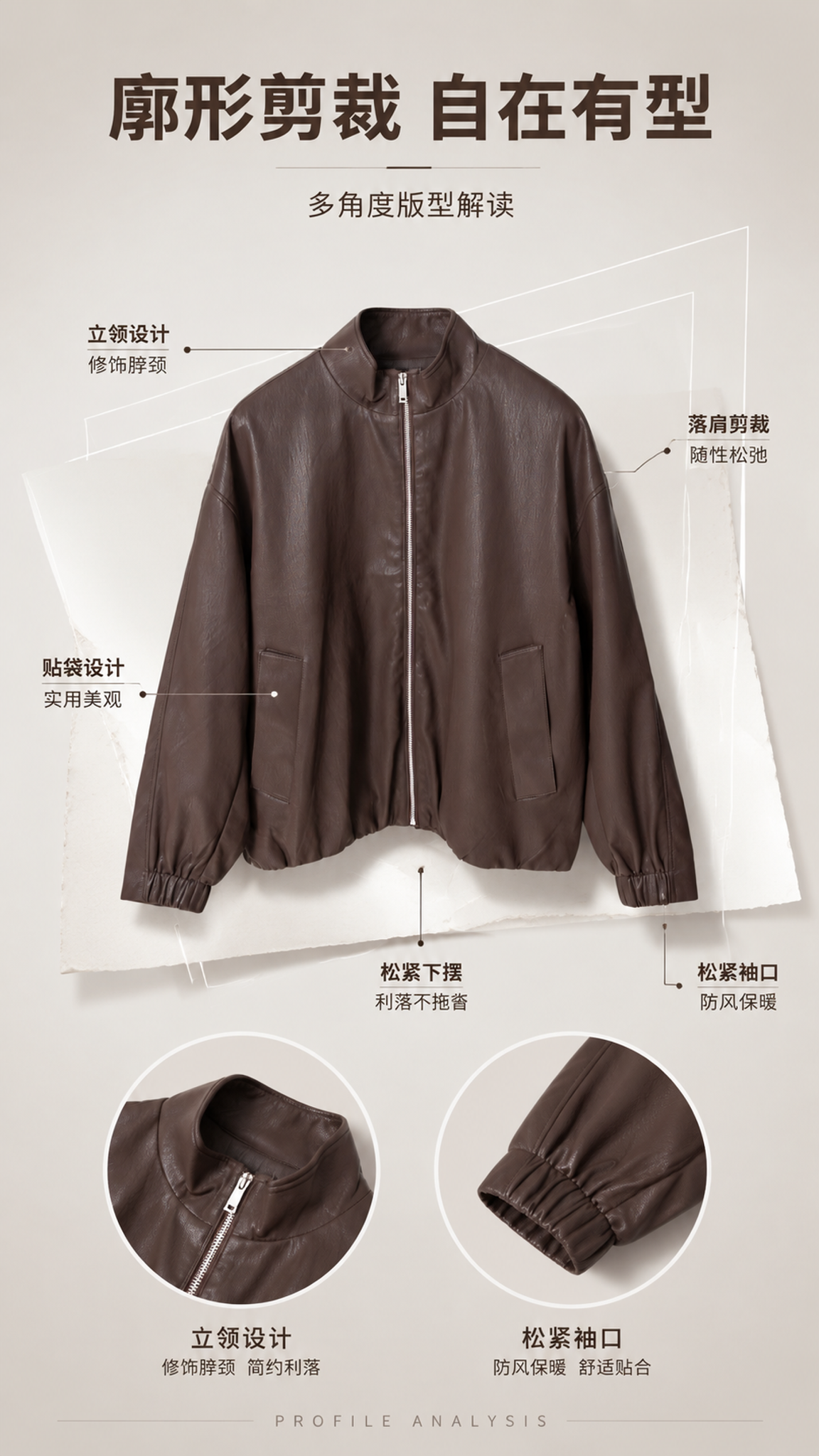 [第3张] 版型解析页-复古棕立领PU皮夹克多角度版型解读。本… - 图片创意预览
