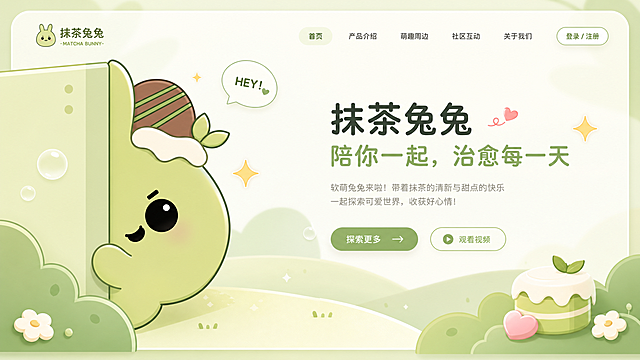 将这张探头的抹茶兔兔设计成网页界面，保持可爱俏皮风格，合理布局图片，调整为适合网页展示的尺寸比例