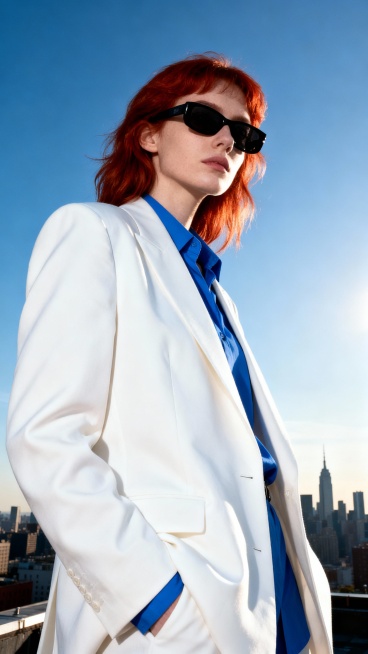 帮我生成20张明星写真图，都市时尚肖像，包含深色西装男性、格纹衬衫中年男性、红发墨镜女性、年轻时尚女性、皮夹克领带男性与侧身扶耳青年，背景涵盖纯色、天空与现代弧线元素，整体比较干净的亮色为主色调，比如预览效果