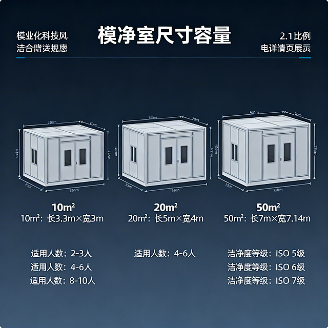 模块化洁净室尺寸容量图，工业科技风，冷蓝灰色调，展示三种标准规格的洁净室：10㎡、20㎡、50㎡，标注对应的长宽尺寸、适用人数、洁净度等级，附清晰的尺寸线标注，信息准确直观，1:1比例，适合电商详情页展示