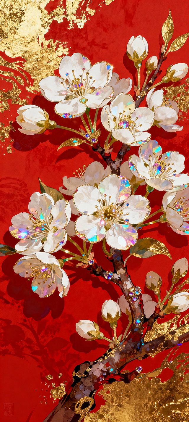 工笔风梅花绽放，鎏金浮雕质感，金属光泽点缀，红金底色尽显奢华喜庆，国潮美学与重拟物手法融合，营造中式节日氛围。