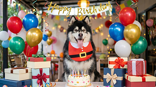 以图中的狗狗围兜为元素,狗狗戴上围兜,物体主体特征不变,设计6张跟狗狗围兜有关的图。比例 「16:9」