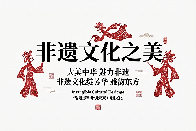 进行非遗文化海报排版设计，主标题为“非遗文化之美”，中英文混排，搭配以下辅助文案：副标题「大美中华 魅力非遗」「非遗文化绽芳华 雅韵东方」「传统国粹 开创未来 中国文化」「Intangible Cultural Heritage」，融合皮影元素，参考上传的三张图片排版和元素，整体风格简洁大气，保留原中式非遗文化氛围
