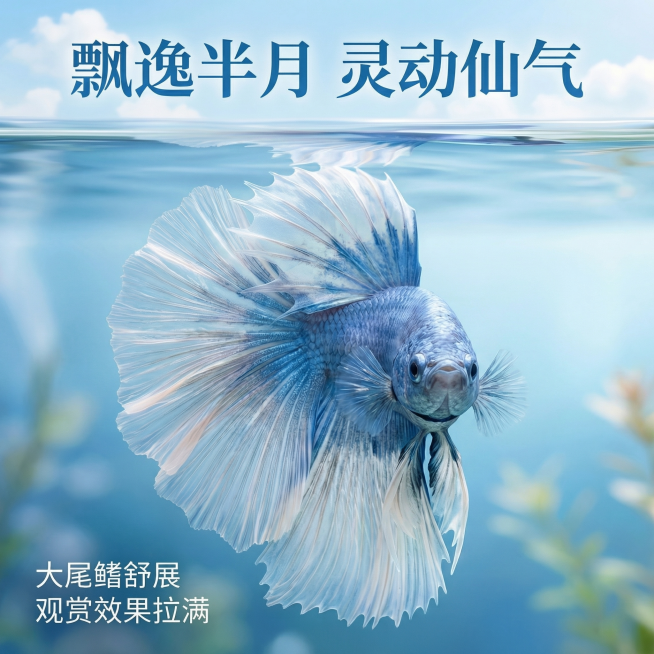 [主图 1] 泰国半月斗鱼商品首图
[氛围风格] 清新自然水族风格，突出飘逸仙气质感
[画面元素] 商业摄影质感、光线柔和通透、产品清晰真实、画面干净高级。图片主体为蓝色半月泰国斗鱼，调整为正面朝向镜预览效果