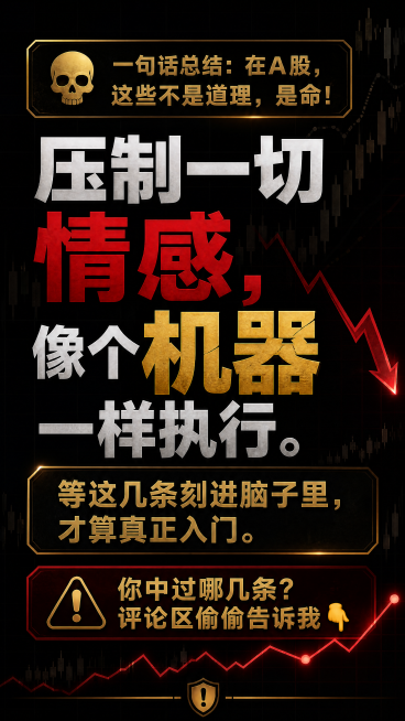 参考原图黑金金融风格生成小红书竖版图文，完整保留文案内容不修改，文案如下：💀 一句话总结：在A股，这些不是道理，是命！压制一切情感，像个机器一样执行。等这几条刻进脑子里，才算真正入门。你中过哪几条？预览效果