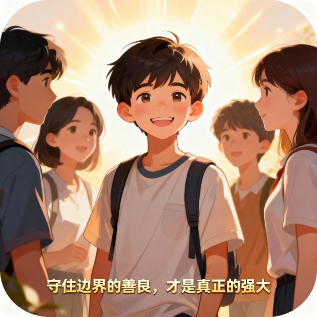 （配图建议：圆角插画｜男孩自信微笑，身边有朋友相伴，背景有光芒感｜标注：“守住边界的善良，才是真正的强大”）预览效果
