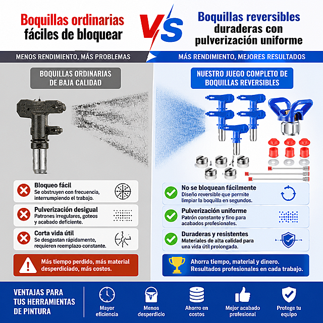 Diagrama comparativo de boquillas para pistola de pintura sin aire: izquierda: boquillas ordinarias de baja calidad, bloqueo fácil, pulverización desigual y corta vida útil, derecha: nuestro juego completo de boquillas reversibles de la imagen, pulverización uniforme, no se bloquean fácilmente y son duraderas. Texto comparativo en español: "Boquillas ordinarias fáciles de bloquear VS Boquillas reversibles duraderas con pulverización uniforme", resalta ventajas para herramientas de pintura, todo texto en español