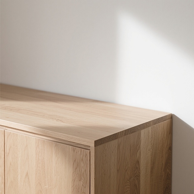 简约现代风格的木质台面，变换为浅橡木纹理，白色背景，简单配色以原木色为主，台面边缘平滑无装饰，柔和自然光从上方斜射形成细微光影，突出木材自然肌理，整体干净整洁，无多余元素，保持台面主体地位，呈现极简设计感。