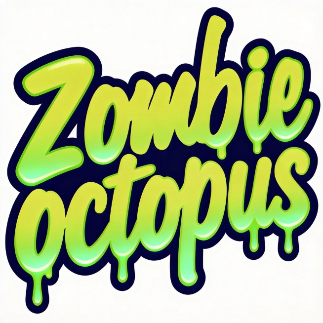参考图风格，字体基础为手写粗圆体，生成logo文字"Zombie octopus"，整体黄绿色渐变填充，深海军蓝粗描边，浅绿色内发光，部分笔画做融化滴落效果，字体粗圆饱满，所有文字排列紧凑融为整体，活预览效果
