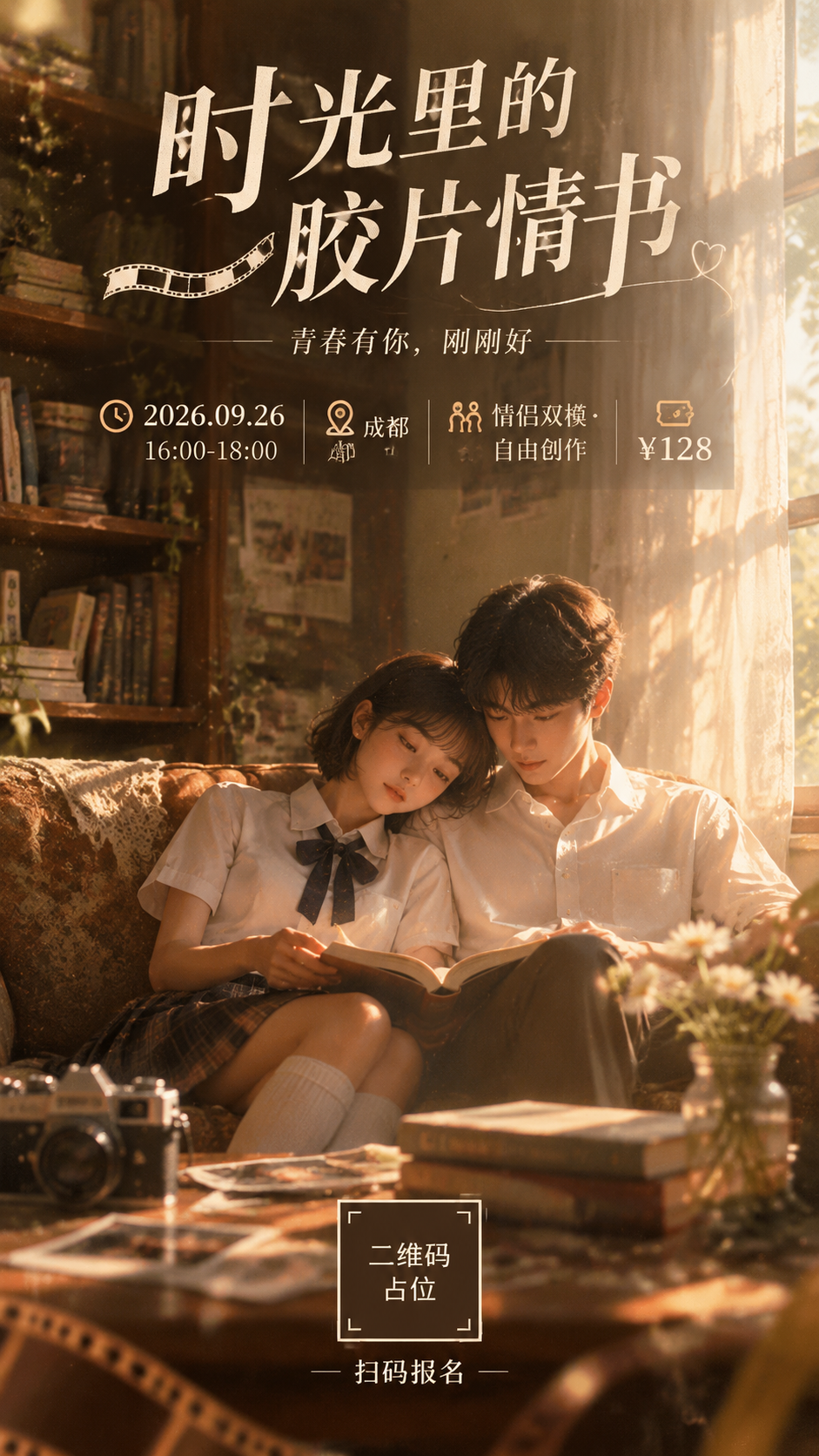 一张日系胶片感文艺活动海报，竖版9:16，主题"时光里的胶片情… - 图片创意预览