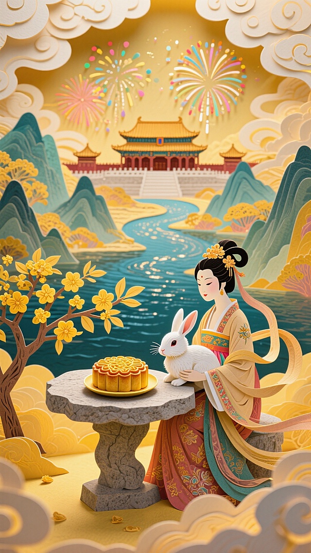 全景构图，近景是嫦娥抱着玉兔坐在石桌旁，桌上摆放着一碟月饼，石桌旁边是一颗茂盛的玉桂树，画面中间是蜿蜒的江水和山峦，背后是故宫和烟花，画面四周祥云环绕，画面整体充满喜庆和华丽，画面呈现喜庆的暖色调