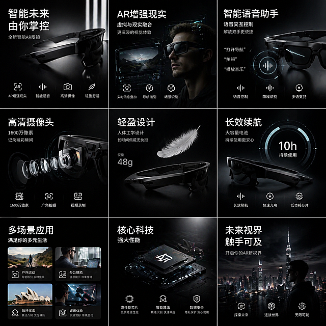 基于这个智能AR眼镜产品，生成一系列统一风格的IP延展物料，保持黑色科技风，设计适配社交媒体传播的方形推广图，包含产品核心卖点和未来科技主题