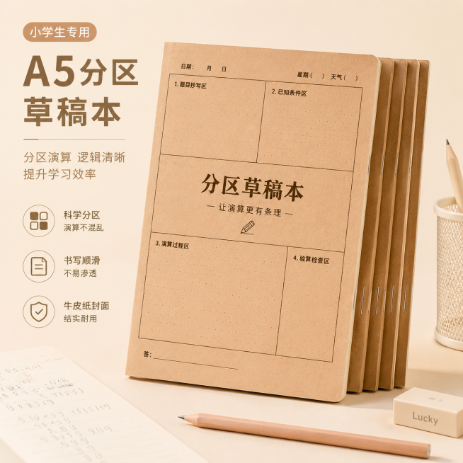 小学生牛皮纸分区草稿本电商主图，简约ins温暖风格，浅卡其色背景，展示A5草稿本产品实物，突出学生分区演算文具产品，风格和图片参考一致预览效果