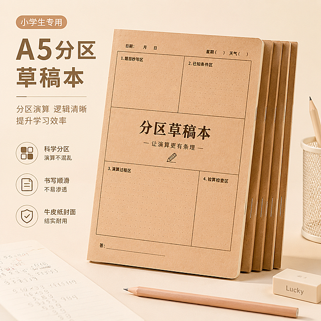 小学生牛皮纸分区草稿本电商主图，简约ins温暖风格，浅卡其色背景，展示A5草稿本产品实物，突出学生分区演算文具产品，风格和图片参考一致