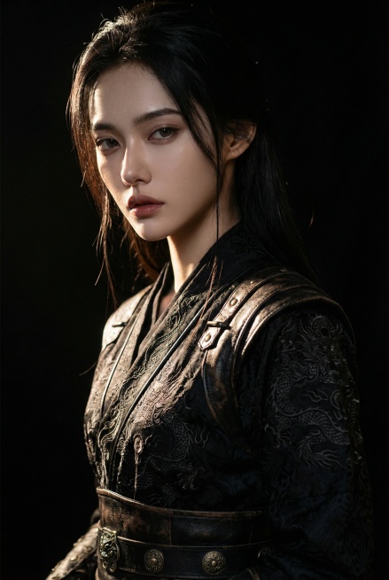 将人物服装更换为深黑色中式锦衣卫服饰，添加过曝暗调结合的伦勃朗光，打造强烈明暗高反差，凸显颓废肌理质感，情绪氛围感拉满，给脸部添加轮廓光，保留原有的大师级构图、OC渲染、镜面质感、竖版构图预览效果