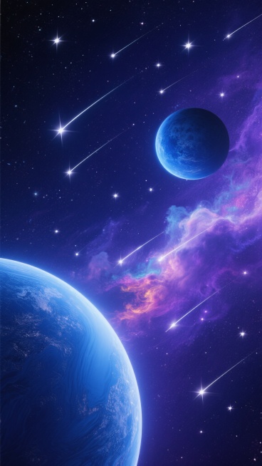 深邃的宇宙星空背景，以深蓝和紫色为主色调，点缀着明亮的白色星星和星云，画面中包含两个主要行星，左下角是带有明显蓝色纹理的较大行星，右上角是较小的蓝色行星，行星表面有自然的光影过渡和立体感，星空中有绚丽的彩色星云，呈现出柔和的云雾状，星轨痕迹改为多条明亮的、带有光尾的流星轨迹，从不同方向划过星空，整体画面充满神秘、梦幻的宇宙氛围，光线柔和且具有层次感，色彩和谐统一，营造出宁静而壮丽的太空景象。预览效果