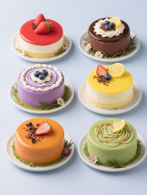 六个不同口味与装饰的精美圆形蛋糕，每个蛋糕拥有独特的颜色主题（如草莓红、巧克力棕、蓝莓紫、柠檬黄、焦糖橙、抹茶绿），表面有精心设计的奶油花纹和对应口味的点缀物（如草莓片、巧克力碎屑、蓝莓果粒、柠檬皮、焦糖酱、抹茶粉），底部托盘边缘装饰着新鲜香草和小花，所有蛋糕在纯色背景上呈规整的2x3网格排布，保持高分辨率食物摄影的写实风格，柔和的顶光照明，细腻的质感表现，突出蛋糕的立体感和诱人光泽，整体画面……预览效果