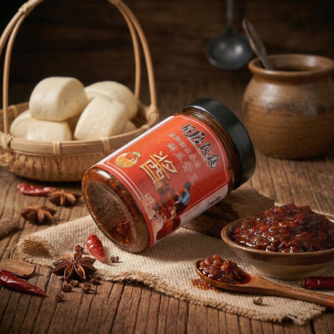 以优化后的场景为基础，瓶身标签所有文字和细节完全保留，酱体质感保持深褐色油亮颗粒状，调整道具（香料、辣椒、木勺、瓷碗、馒头篮）的摆放位置、数量和角度，改变产品放置角度和周围光影细节，暖调侧光暗调氛围保预览效果