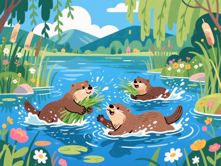 生成一幅水獭在湖里打闹的场景，背景丰富，水獭至少3只，可以多加点动作预览效果