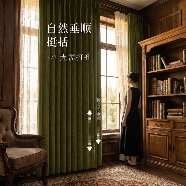 把窗帘的颜色变成橄榄绿色，不要改变原来窗帘的质感材质，其余保持不变，也不要改变字的字体，颜色，大小，排版布局；（换色）预览效果