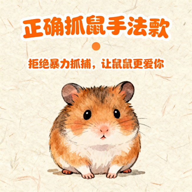 画面中心是可爱的手绘仓鼠插画，背景是温馨浅米色手绘纸张纹理，标题“正确抓鼠手法🐹”采用活力亮橙圆润字体，带有白色边框，中等字号，副标题“拒绝暴力抓捕，让鼠鼠更爱你”搭配协调字体预览效果