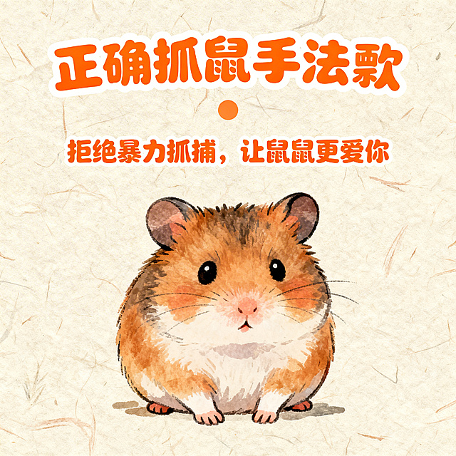 画面中心是可爱的手绘仓鼠插画，背景是温馨浅米色手绘纸张纹理，标题“正确抓鼠手法🐹”采用活力亮橙圆润字体，带有白色边框，中等字号，副标题“拒绝暴力抓捕，让鼠鼠更爱你”搭配协调字体