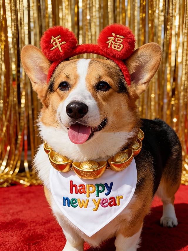国潮风萌犬迎新春，刺绣“年福”发箍配金元宝项圈，鎏金背景映衬喜庆红毯，萌趣十足的中式新年氛围。
