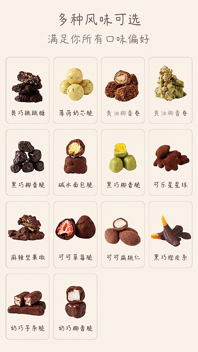 「图片1」，生成详情页，商品名称为巧合意CHOCOHIT，适配小红书平台，单图比例为9:16，需求屏数为8张。

产品卖点:我给你写一套直接复制粘贴就能用、电商高级感、不长篇废话的详情页完整文案，包含：开头吸睛、原料高级、工艺细腻、多口味介绍、口感、场景、售后，全套排版。

风格：温柔高级、适合高颜值巧克力、百搭所有店铺。
一口沦陷｜多种风味巧克力 解锁舌尖上的细腻甜感

生活需要一点恰到好处的甜，不齁腻、不张扬、刚刚好。
这款多口味精选巧克力，打破单一味觉局限，一口一味，每一颗都是全新惊喜，温柔治愈日常所有疲惫。

01 甄选优质原材｜好巧克力，从源头决定口感

真正好吃的巧克力，从来不靠重糖堆砌风味。
我们严选优质可可原材，保留可可本身纯正浓郁的醇香，拒绝廉价代可可脂、拒绝工业甜腻感。

可可质地醇厚细腻，自带高级油脂香气，
色泽通透温润、光泽感十足，
从根源保证：入口丝滑、融化度高、回味干净。

02 精细匠心工艺｜细腻到舌尖的治愈质感

区别于普通粗糙巧克力，全程精细控温工艺制作，
精准把控凝固、定型、打磨每一道工序。

• 质地紧实不松散，切面干净平整

• 口感绵密顺滑，入口即化

• 甜度配比平衡，甜而不腻、苦而不涩

没有粗糙颗粒感，每一口都是丝绒般的细腻触感，
舌尖轻抿就能慢慢化开，醇香层层递进。

03 多种风味可选｜满足你所有口味偏好

不做选择困难！多口味搭配设计，
酸甜、醇厚、微苦、奶香全覆盖，
不管你偏爱清爽果香、浓郁奶味还是纯正黑巧，都能被满足。

✅ 清甜风味：清新柔和，甜度轻盈，女生、小孩都爱吃
✅ 奶香风味：奶味醇厚，温润绵密，入口奶香四溢
✅ 纯巧风味：可可香浓纯粹，微苦回甘，越品越有味道
✅ 特色风味：层次丰富，一口解锁新鲜感

一盒集齐多种甜蜜，日常解馋、下午茶、送礼都高级！

04 极致口感｜入口即化 醇香绵长

咬下瞬间，外壳细腻紧实，
随体温慢慢融化，可可香气在口腔缓缓散开。

没有工业糖果的齁甜，
只有纯粹、干净、温柔的高级甜感，
口感轻盈不糊喉，吃完嘴里留香超久。

05 超多适用场景｜随时随地的甜蜜补给

✨ 办公室解馋｜困累时刻，一口治愈疲惫
✨ 下午茶搭配｜配咖啡、牛奶、茶超适配
✨ 日常小犒劳｜平淡生活的仪式感
✨ 送礼自留｜颜值口感双在线，精致有档次

独立小颗包装，干净卫生、方便携带，
不浪费、不怕受潮，想吃随时来一颗。

品质保障｜安心享用每一份甜蜜

✅ 优质原料｜纯正可可风味，口感更高级
✅ 精细工艺｜质地细腻、入口丝滑
✅ 多味混搭｜丰富口感，不单调不踩雷
✅ 独立包装｜保鲜锁香，干净便携

以匠心做甜，以细腻治愈生活
多种风味随心选，每一口都是不辜负的美好滋味
需要我帮你根据你实际的具体口味，把每种口味的专属介绍细化、改得更精准吗？

香槟色、简约、高级、ins风、木质原素风