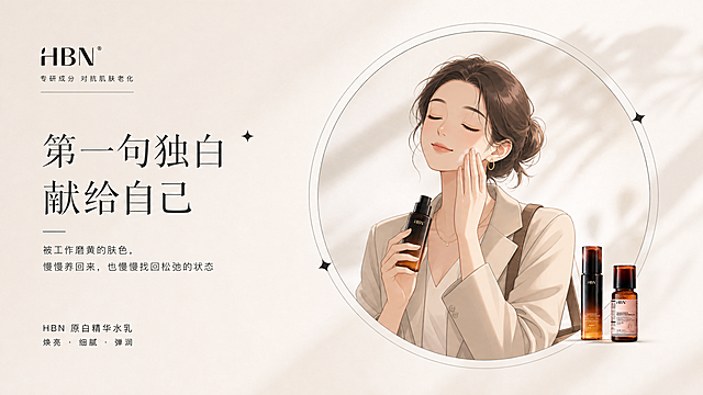 修改这张海报：保持现有文案排版和整体极简高级风格不变，缩小HBN原白精华水乳产品图，不再作为画面主体；新的画面主体是放松状态的打工人正在使用HBN水乳，为动漫风格，保持整体画面协调干净，适合线下地铁灯箱投屏
