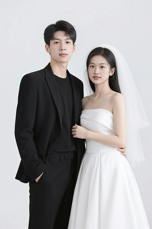男生在左，女生在右，极简白幕前，男生穿着黑色西装，白色衬衫内衬，女生穿白色婚纱，戴头纱，男生搂着女生的腰，高清半身照