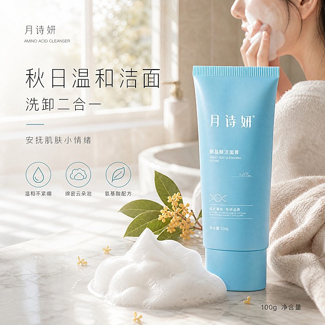 [单张主图] 月诗妍氨基酸洁面膏 小红书1:1高级氛围感主图 双节秋季温和洁面主题。
[参考比对] 参考图为竖版详情页，上下分层结构，产品居中，浅蓝渐变背景，泡沫元素，三张小图痛点展示，左右圆形卖点标签。生成时保留浅蓝清新色调体系和柔光质感，其余维度全部差异化：构图改为左右分栏而非上下分层，视角改为微俯视45度而非正面平视，场景改为秋季浴室窗边真实使用场景而非纯静物，人物改为亚洲年轻女性侧脸局部而非欧美女性正脸痛点图，文字内容全部重新撰写不照搬原文案，背景改为带窗棂光影的真实浴室场景而非纯渐变，道具加入秋季桂花枝叶、棉麻毛巾、大理石台面而非纯白几何块。
[画面主体] 月诗妍氨基酸洁面膏蓝色软管一支，正面微侧45度角放置，占画面约45%，位于画面右下区域。产品外观、颜色、Logo、文字排版、净含量标识与输入产品图完全一致，瓶身哑光磨砂质感，瓶盖竖纹清晰。产品前方有一团蓬松绵密的白色云朵状泡沫，泡沫细腻有光泽，自然堆放在大理石台面上。
[构图版式] 采用左文右物场景型高级氛围感版式。左侧约40%区域为留白文字区，右侧约60%为产品与场景主体区。产品放置在右下三分之一处，泡沫在产品前方延伸，形成自然的视觉引导。左上为品牌位，左中为主标题区，左下为3个轻图标卖点。
[场景元素] 背景是秋季清晨的浴室窗边场景，浅米色大理石台面，台面上散落几片金黄的桂花小花瓣和一枝带绿叶的桂花枝，旁边搭着一条米白色棉麻毛巾。窗外透进柔和的晨光，在台面上投下淡淡的窗棂格子光影，空气中有轻微的水雾感，营造秋季温润洁净的氛围。背景虚化处理，突出前景产品。
[文案版式] 左上品牌位：小号细体中文「月诗妍」+ 更小号英文「AMINO ACID CLEANSER」。左中主标题分三行竖排节奏排列：第一行大号「秋日温和洁面」，第二行中号「洗卸二合一」，第三行小号「安抚肌肤小情绪」。左下3个圆形细线图标卖点横向排列：第一个图标水滴形配文「温和不紧绷」，第二个图标云朵形配文「绵密云朵泡」，第三个图标叶子形配文「氨基酸配方」。右下角小字标注「100g 净含量」。所有文字使用干净无衬线细体，主标题字重略粗，辅助文字纤细，整体克制不张扬。
[光影质感] 自然窗光从左上方斜射，柔光质感，产品左侧有柔和高光，右侧自然过渡到阴影，瓶身底部有真实接触阴影。泡沫受光面透亮有光泽，背光面柔和。整体光影柔和，低对比度，营造清晨温润洁净的氛围。产品材质真实，软管有轻微弧度和按压感，标签文字清晰锐利。
[配色字体] 主色为浅雾蓝+米白+浅金桂花黄，辅助色为产品本身的湖蓝色，强调色为淡金色。背景整体偏暖调米白，产品蓝色作为视觉锚点。字体全部使用纤细无衬线体，字重克制，靠字号和留白区分层级，不使用粗黑体。
[比例分辨率] 1:1正方形，2K分辨率，文字清晰可辨，产品细节锐利。
[负向提示词] 产品变形、色差、Logo模糊、文字错字、水印、平台Logo、粗黑大字、促销感过强、人物正脸、夸张对比图、杂乱背景、悬浮产品、硬切边缘、畸形手部、过度锐化、廉价感。