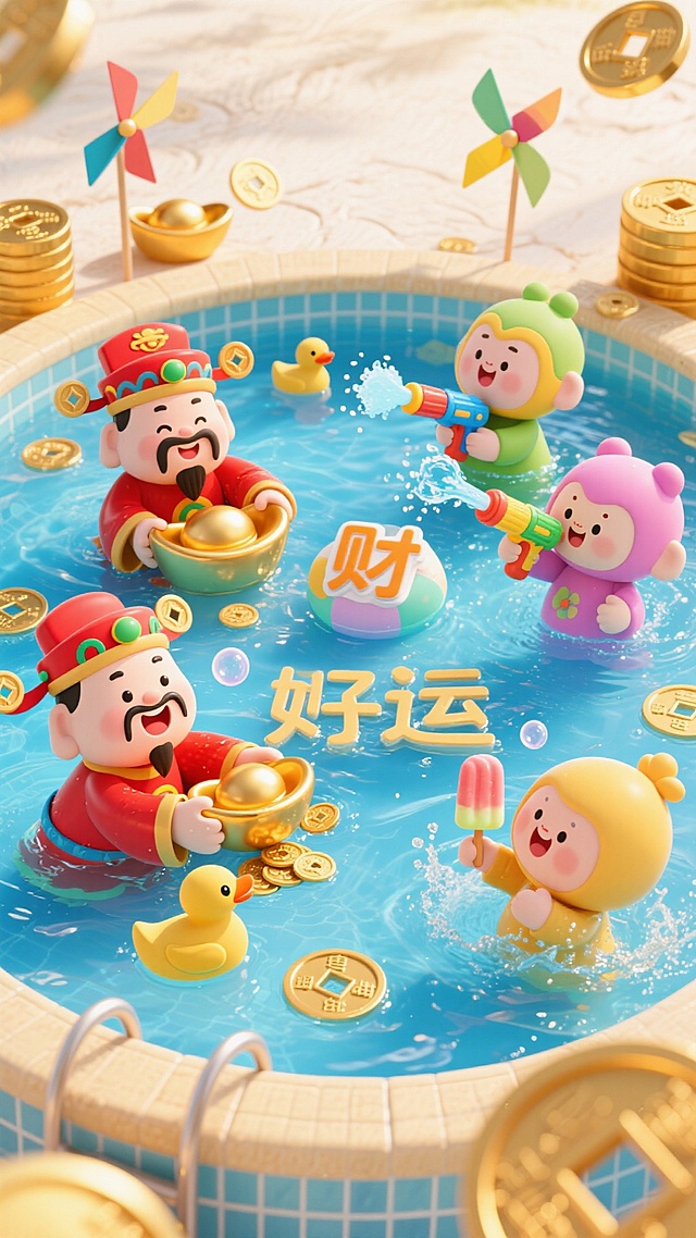一场专为财神打造的夏日嬉水宴！在金光闪闪的圆形铜钱泳池里，五位色彩缤纷的Q版财神正玩得不亦乐乎：红衣财神奋力捞钱，财神悠闲漂浮，财神用水枪喷射“财”字泡泡，财神忙着啃元宝冰棒，财神的在水中欢快扑腾。配上漂浮的小鸭、旋转的风车和“好运”字样，背景温馨明媚，整体充满活泼治愈的招财气息。