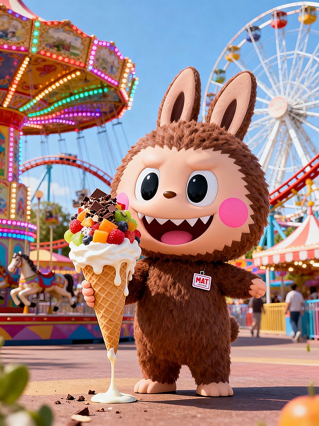 它手拿冰淇淋在游乐园