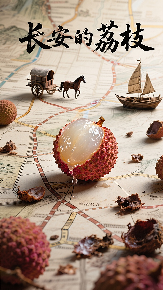 复古中式风格，微缩艺术展现超现实主义，荔枝与马车、帆船在古地图上，营造水墨木雕风意境。