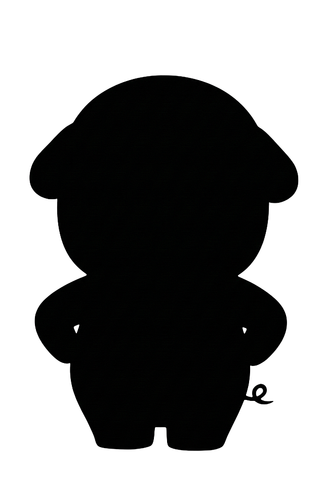 根据图中的可爱小猪形象生成纯黑色的小猪剪影，保持小猪的外形轮廓，包括耳朵、鼻子、身体、小卷尾巴和叉腰的姿势，背景为透明